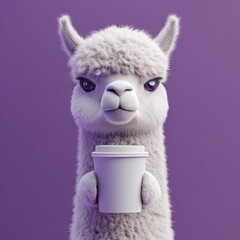 Charming alpaca enjoying coffee in a cozy studio environment whimsical animal portrait playful vibe close-up view for social media