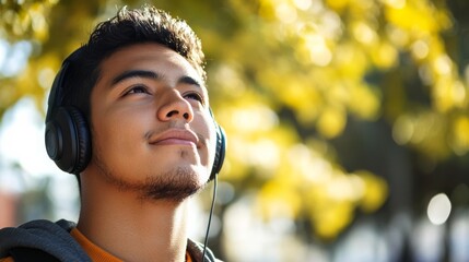 Headphone-wearing man in park.