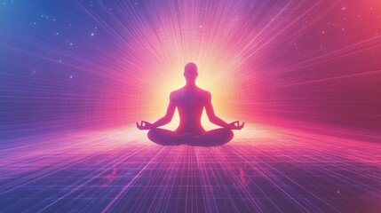A conceptual design of a meditating figure in metaverse, pastel aura background