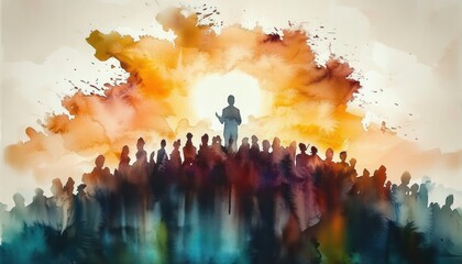 Jesus Preaching on a Mountain to a Crowd in a Watercolor Painting