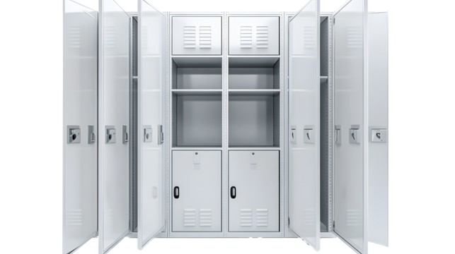 White metal locker with open doors. Two level compartment. 3d rendering illustration