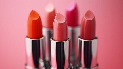 Obraz premium Matte lipsticks in shades of coral, peach, and raspberry set against a delicate pink background. The close-up captures the elegance and texture of the cosmetics