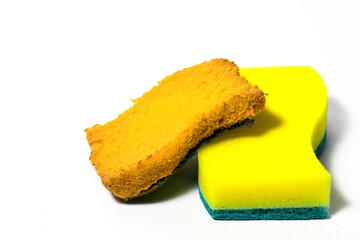 Old and new Scouring Pad or Kitchen Sponge on isolated white background, mainly used for washing dishes