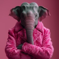 Surreal Encounter: Chic Elephant Wearing Vibrant Pink Floral Coat Against Monochromatic Background...