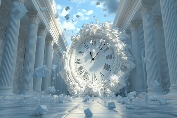 Epic clock explosion ancient temple ruins 3d artwork ethereal atmosphere surreal perspective time...