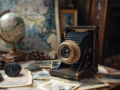 An old camera on a table, vintage photos, and a globe create a nostalgic storytelling scene.