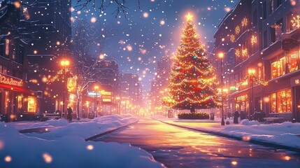 Obraz premium Christmas Street Scene with Illuminated Christmas Tree and Snowfall