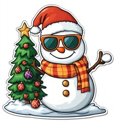 Cool snowman in sunglasses with Christmas tree.
