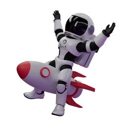 Trendy Astronaut 3D Model Cartoon. A chibi astronaut sits on a rocket launching upwards with both hands open, expression happy. Creative Illustration