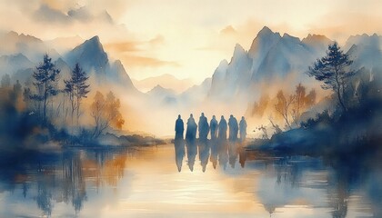 Obraz premium Watercolor Landscape of Disciples in Flowing Robes with Serene Sunlight and Misty Mountains