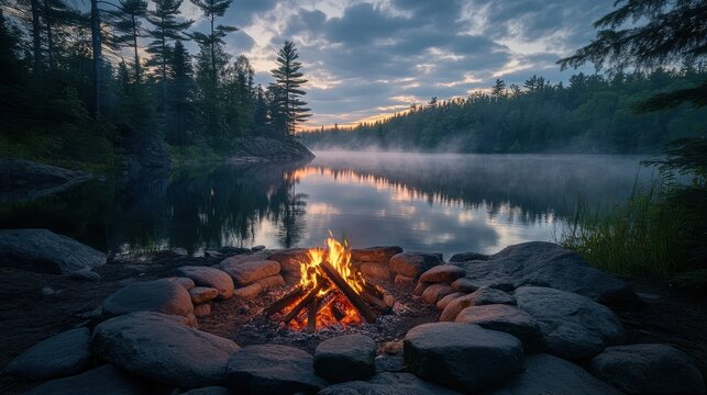A wide shot of a roaring campfire encircled by smooth stones in the heart of a lush forest, with a serene lake reflecting the twilight sky and soft mist in the background, emphasizing the warmth of th