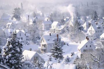 Snowy winter scene with houses and trees in a small town.