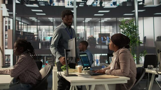 Woman CEO expressing her disappointment with her team efficiency, working under pressure to accomplish enterprise goals. African american boss getting angry and frustrated at the office. Camera B.
