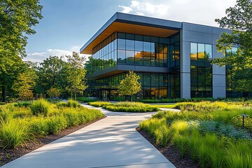 Fototapeta premium A beautiful flower garden in a park with a greenhouse structure and glass architecture surrounded by nature and greenery, showcasing a peaceful urban landscape