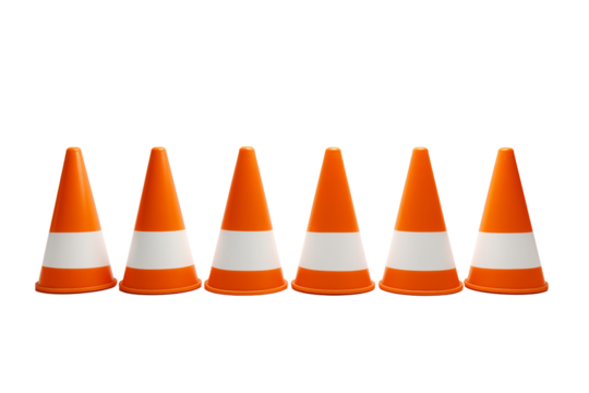 line of orange and white street cones isolated on transparent background. Generative ai