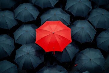 Colorful umbrella in mass of black umbrellas,