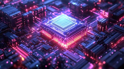 Obraz premium Futuristic Quantum Computer Core with Glowing Qubits and Advanced Circuitry in a High-Tech Laboratory Environment