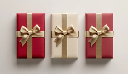 Fototapeta premium Gift boxes with gold ribbon isolated on white background.