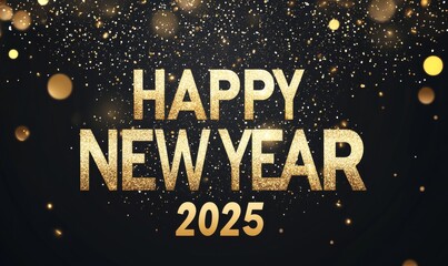 A banner with the text HAPPY NEW YEAR 2025 in golden letters on a black background, with glitter and bokeh lights.
