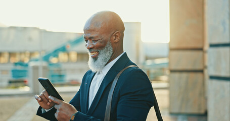 Black man, city lawyer and phone for journey, agenda and online for consulting on legal case. Mature person, urban town and travel to office building for justice, counsel client and message on app