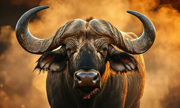 
Close-up of a cape buffalo with striking horns, set against a vibrant autumn landscape with fiery foliage.