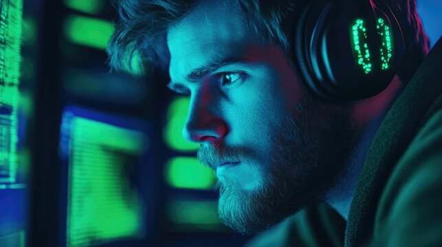 Tech Savvy Hacker Accessing Secure System Breach with Glowing Green Coding Lines Showcasing Intriguing Mastery of Digital Technology and Cybersecurity