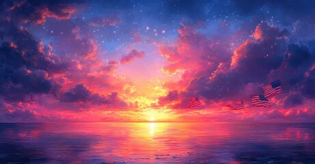 Naklejka premium Celebration of Independence Day with American Flags and Sunset Sky