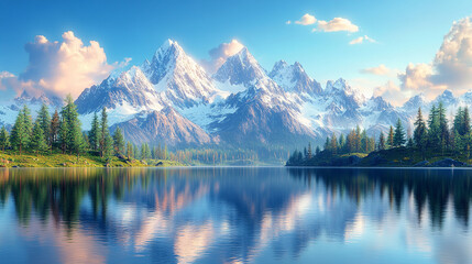 Majestic winter landscape of snow-covered mountains reflected in a tranquil lake surrounded by frosty trees serene atmosphere evoking peace solitude natural beauty and the timeless power of nature