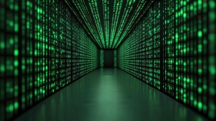 Encrypted data streams flowing across a futuristic digital grid in a matrix code environment representing secure information flows and technology innovation