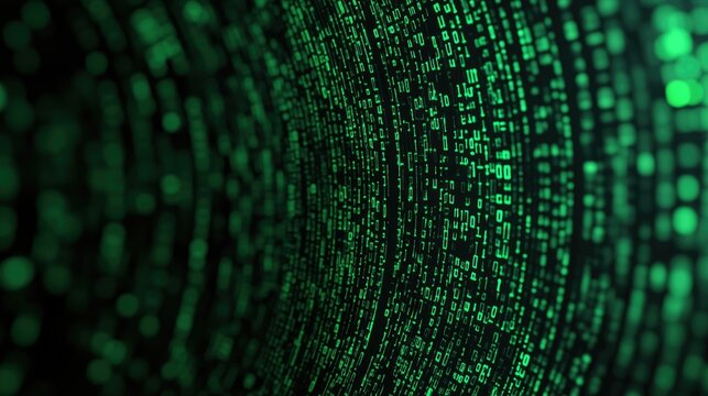 Vibrant green binary patterns forming a shield like structure representing the concept of cyber protection and digital security