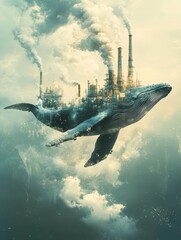 Naklejka premium Endangered Whale Soaring Through Industrial Skies Pollution and Habitat Destruction