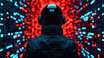 Futuristic hacker operating in a captivating cyber grid environment surrounded by command prompts and digital interfaces showcasing the power and dynamism of the digital world