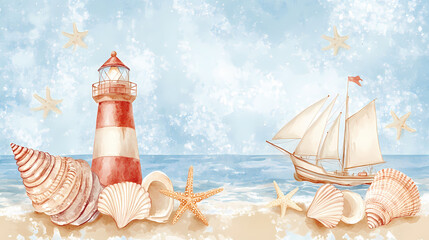 Watercolor illustration of seashells starfish a ship and a lighthouse on blue and beige background perfect for nautical themed designs. Nautical. Illustration