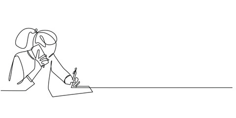 continuous line drawing of woman writing and calling.one line drawing of busy woman working.communicating with customers,home business,online orders.single line vector illustration