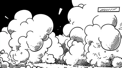 Naklejka premium Dramatic black and white explosion with white smoke and debris, high contrast and dynamic energy, captured in a graphic novel panel with simple lines, flat illustration, and a manga-inspired style.