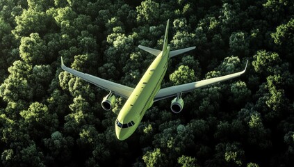 An airplane flies over the forest.