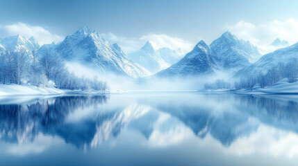 Majestic winter landscape of snow-covered mountains reflected in a tranquil lake surrounded by frosty trees serene atmosphere evoking peace solitude natural beauty and the timeless power of nature