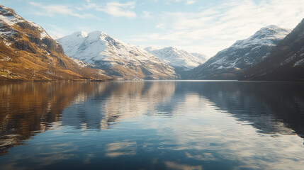 Majestic winter landscape of snow-covered mountains reflected in a tranquil lake surrounded by frosty trees serene atmosphere evoking peace solitude natural beauty and the timeless power of nature