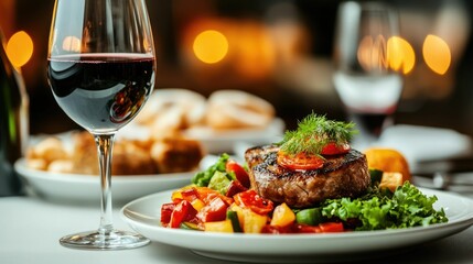 Gourmet Dishes and Premium Wines Artfully Presented for an Exclusive Fine Dining Chef s Table Experience at a Luxury Restaurant or Private Event