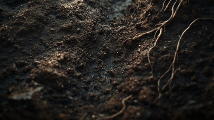 Fototapeta premium A close-up of dark soil shows grains, roots, and pebbles, highlighting Earth's vibrant ecosystem.