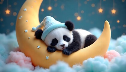 Adorable Baby Panda Sleeping on a Crescent Moon Surrounded by Soft Clouds and Twinkling Stars