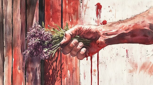 A biblical man using a bunch of hyssop to painting blood of passover lamb on door post.	
