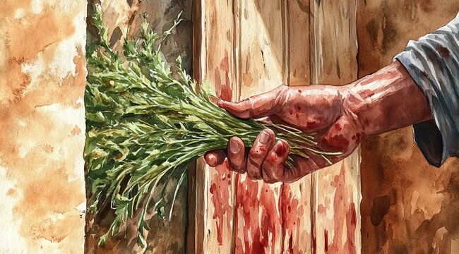 A biblical man using a bunch of hyssop to painting blood of passover lamb on door post.	