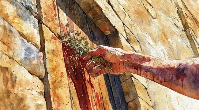 A biblical man using a bunch of hyssop to painting blood of passover lamb on door post.	