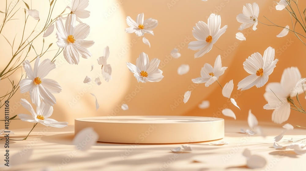 Poster delicate white flowers and petals gracefully float around a smooth circular platform, set against a 