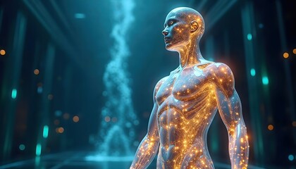 Futuristic Human Anatomy with Glowing Neural Pathways and Digital Energy in High-Tech Sci-Fi Setting