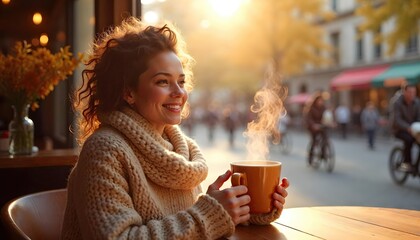 Woman Enjoying a Warm Cup of Coffee in a Cozy Cafe with Autumn Sunlight and Street View in Background
