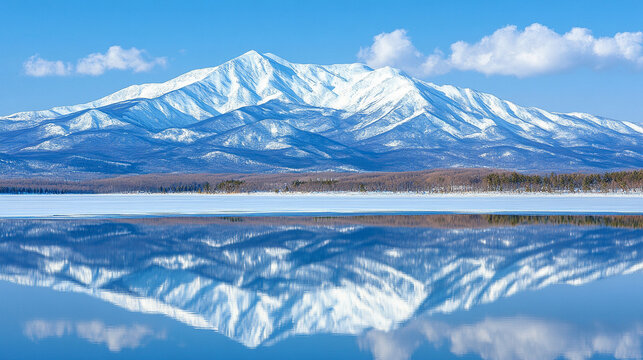Majestic winter landscape of snow-covered mountains reflected in a tranquil lake surrounded by frosty trees serene atmosphere evoking peace solitude natural beauty and the timeless power of nature