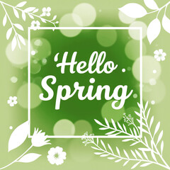 Spring background white floral silhouettes  green gradient Hello Spring  text
