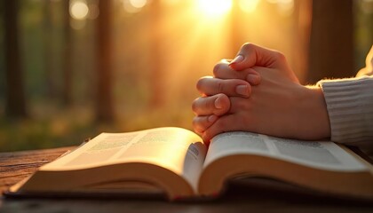 Praying Hands Resting on Open Bible at Sunrise